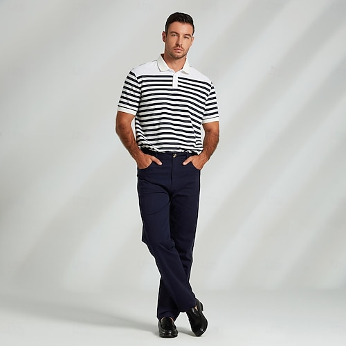  Men's Polo Knit Polo Sweater Business Casual Lapel Short Sleeve Fashion Modern Striped Button Summer Navy Blue Polo