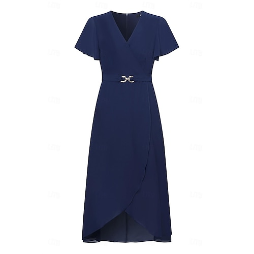  Dame Elegant kjole Midikjole Chiffon Flettet Drapering Fest Bryllupsgjest Cocktailfest Elegant Crew-hals Ermeløs Mørkeblå Farge