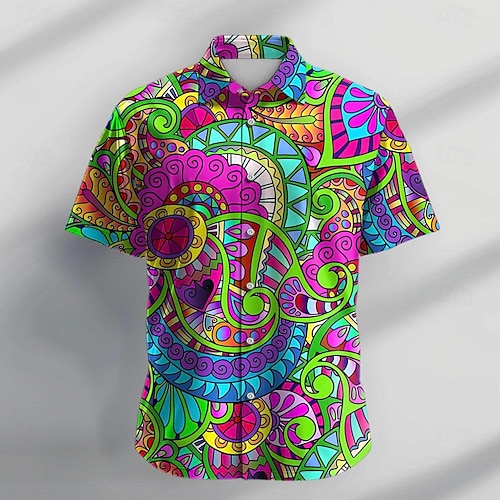  Herr Blommig Hippie Färgglad Skjorta Hawaii skjorta Aloha skjorta Kortärmad Skjorta Nedvikt Ledigt Fest Dagligen Helgdag Purpur S M L