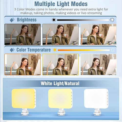  60LED Portable Selfie Light Video Conference Lighting with Clip & Camera, Rechargeable Fill Light Tri-color Modes for Phone iPhone Webcam Laptop Photo Makeup