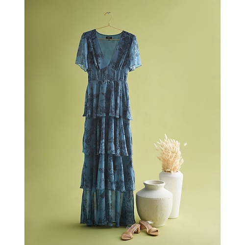  Navy Floral Chiffon Elastic Waist Dress