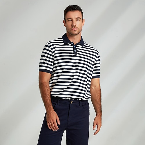  Herr Polo Stickad Polo Företag Ledigt Kavajslag Kortärmad Modern Formell Randig Horisontella Strips Knappar Sommar Marinblå Polo
