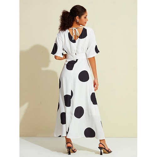  Damen Saum Maxi Satin-Maxi Maxidress Weiß Halbe Ärmel Punkt Raffhalter Versteckte Bundtasche Sommer Frühling & Herbst V Ausschnitt Casual S M L
