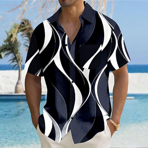  Miesten Geometrinen Linjat / aallot Geometrinen printti Button Up paita Painetut paidat Lyhythihainen Havaijilainen Lomakeskus Kausaliteetti Päivittäin Pyhäpäivä Kesä Sänkyjen avaus Painettu Painike