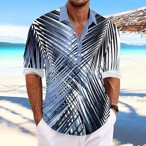 Men's Palm Leaf Tropical Plants Summer Hawaiian Shirt Aloha Shirt Long Sleeve Shirt Stand Collar Hawaiian Resort Outdoor Vacation Party Yellow Blue