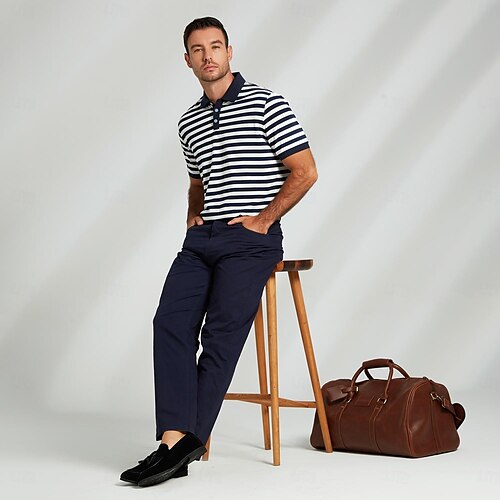  Herr Polo Stickad Polo Företag Ledigt Kavajslag Kortärmad Modern Formell Randig Horisontella Strips Knappar Sommar Marinblå Polo