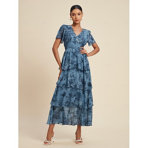  Navy Floral Chiffon Elastic Waist Dress