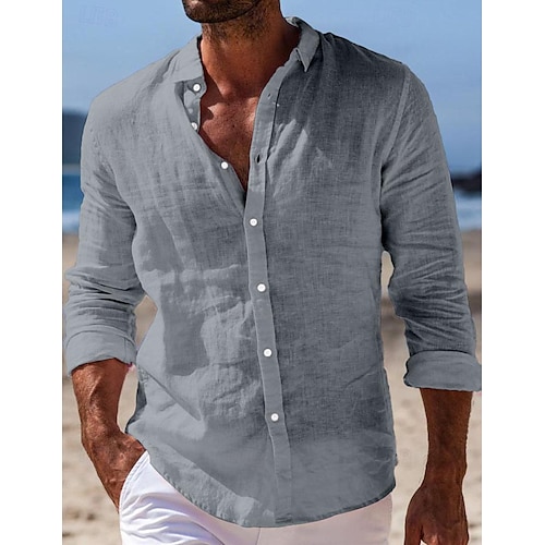  Per uomo Camicia camicia di lino Camicia estiva Abbigliamento mare Camicia con bottoni Liscio Informale Giornaliero Nero Bianco Rosa Blu marino Manica lunga Collo ripiegabile Primavera estate
