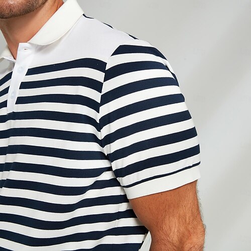 Men's Polo Knit Polo Sweater Business Casual Lapel Short Sleeve Fashion Modern Striped Button Summer Navy Blue Polo