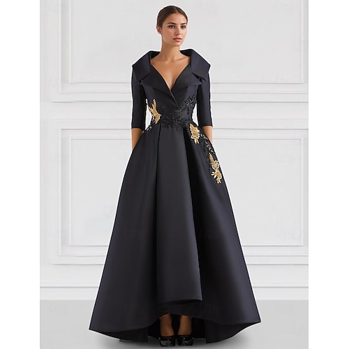 Schwarzes A-Linie Abendkleid Vintage Bestickt Elegantes Kleid Smokingkleid Formell Bodenlang Lange Ärmel V-Ausschnitt Tasche Satin mit Perlenapplikationen