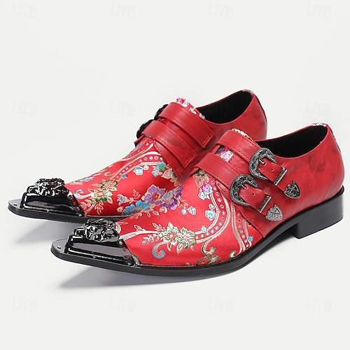  Monkstrap-Schuhe aus hochwertigem Rindsleder im Punk-Stil für Herren – Slipper mit roter Blumenstickerei und Doppelschnalle und Zehenkappe aus Metall