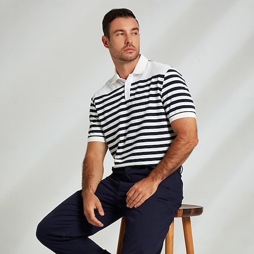  Men's Polo Knit Polo Sweater Business Casual Lapel Short Sleeve Fashion Modern Striped Button Summer Navy Blue Polo