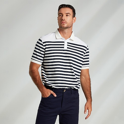  Men's Polo Knit Polo Sweater Business Casual Lapel Short Sleeve Fashion Modern Striped Button Summer Navy Blue Polo