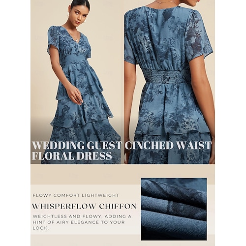  Navy Floral Chiffon Elastic Waist Dress