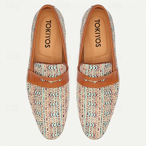  Herr Tofflor och Slip-Ons Virkad Penny Loafers Klassiska loafers Läder Italienskt fullkornigt kohud Vävd nylon Bekväm Halksäker Loafers Brun
