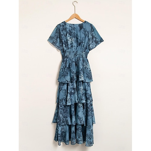  Navy Floral Chiffon Elastic Waist Dress