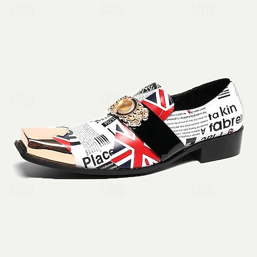  Men's Premium Cowhide Leather Punk Style Loafers - Union Jack and Newspaper Print Slip-On Shoes with Decorative Buckle and Gold Metal Toe Cap