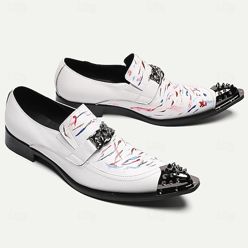  Men's Premium Cowhide Leather Punk Style Loafers - Artistic Print Slip-On Shoes with Decorative Buckle and Spiked Metal Toe Cap
