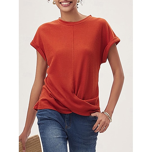  Damen Strickoberteil mit V-Ausschnitt, kurze Ärmel, elastisch, weich, gebranntes Orange, lässig, lockere Passform, vielseitige Frühlings- und Herbstkleidung