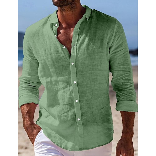  Per uomo Camicia camicia di lino Camicia estiva Abbigliamento mare Camicia con bottoni Liscio Informale Giornaliero Nero Bianco Rosa Blu marino Manica lunga Collo ripiegabile Primavera estate