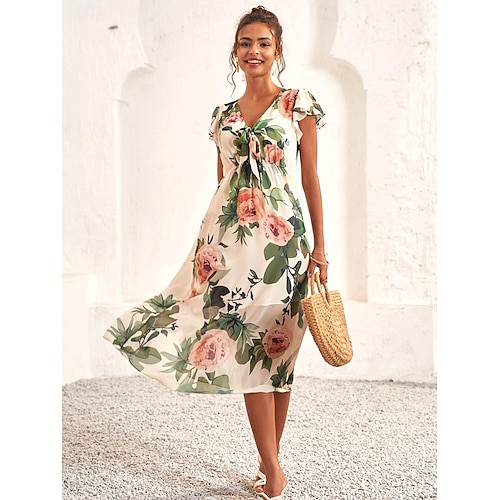 kvinners midikjole floral v-hals a-line flutter erme rosemønster lett sommerhagefest bryllup gjestebrunsj flytende feminin hvit rosa grønn