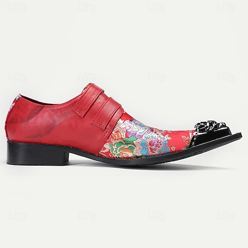  Monkstrap-Schuhe aus hochwertigem Rindsleder im Punk-Stil für Herren – Slipper mit roter Blumenstickerei und Doppelschnalle und Zehenkappe aus Metall