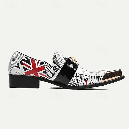  Men's Premium Cowhide Leather Punk Style Loafers - Union Jack and Newspaper Print Slip-On Shoes with Decorative Buckle and Gold Metal Toe Cap