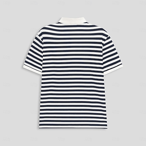  Men's Polo Knit Polo Sweater Business Casual Lapel Short Sleeve Fashion Modern Striped Button Summer Navy Blue Polo