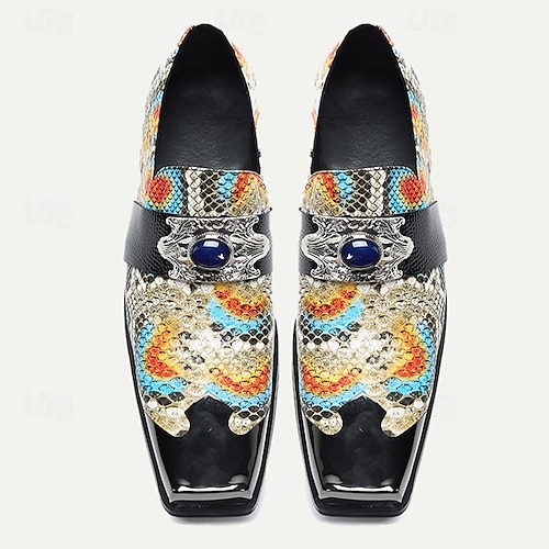  Men's Premium Cowhide Leather Exotic Pattern Loafers - Stylish Slip-On Dress Shoes with Decorative Buckle and Metal Toe Cap