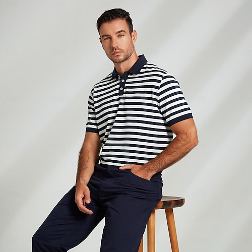  Herr Polo Stickad Polo Företag Ledigt Kavajslag Kortärmad Modern Formell Randig Horisontella Strips Knappar Sommar Marinblå Polo