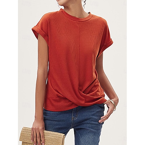  Damen Strickoberteil mit V-Ausschnitt, kurze Ärmel, elastisch, weich, gebranntes Orange, lässig, lockere Passform, vielseitige Frühlings- und Herbstkleidung