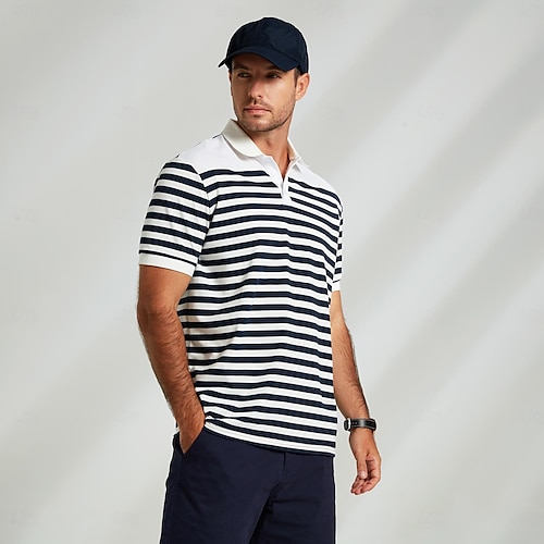  Men's Polo Knit Polo Sweater Business Casual Lapel Short Sleeve Fashion Modern Striped Button Summer Navy Blue Polo