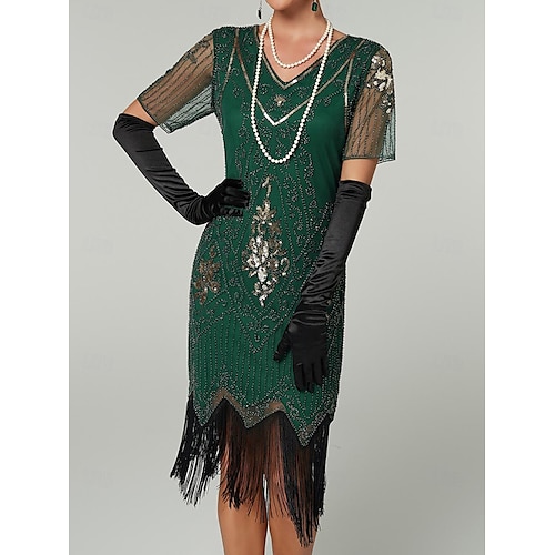 Roaring 20s 1920s Knee Length Dress Flapper Dress Prom Dress Short Sleeves  The Great Gatsby Charleston Sequins Tassel Fringe V Neck Fancy Dress  Women's Carnival Masquerade Carnival Evening Party 2026 - CAD $91.99