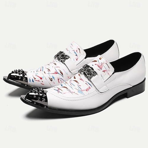  Men's Premium Cowhide Leather Punk Style Loafers - Artistic Print Slip-On Shoes with Decorative Buckle and Spiked Metal Toe Cap