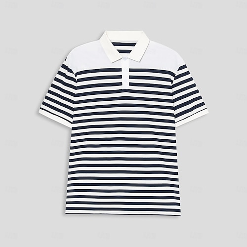  Men's Polo Knit Polo Sweater Business Casual Lapel Short Sleeve Fashion Modern Striped Button Summer Navy Blue Polo