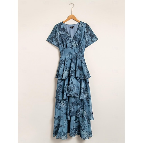  Navy Floral Chiffon Elastic Waist Dress