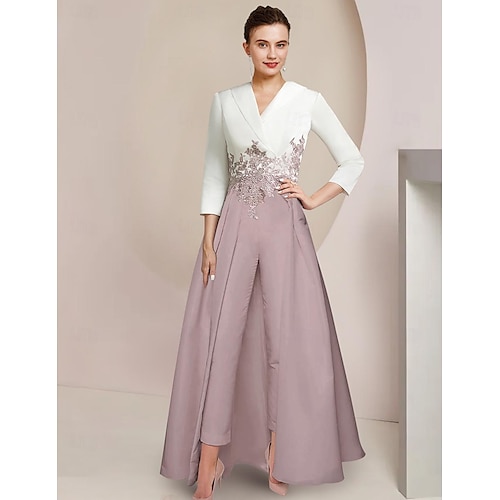 Zweiteiliges Overall  Hosenanzug Mutter der Braut Formelle Hochzeitsgast Elegante Feier V-Ausschnitt Knöchellänge Crepe Spitze 3/4 Länge Ärmel mit Applikationen Farbblock kostenlose Anpassungsgröße