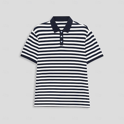  Herr Polo Stickad Polo Företag Ledigt Kavajslag Kortärmad Modern Formell Randig Horisontella Strips Knappar Sommar Marinblå Polo