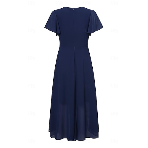  Dame Elegant kjole Midikjole Chiffon Flettet Drapering Fest Bryllupsgjest Cocktailfest Elegant Crew-hals Ermeløs Mørkeblå Farge