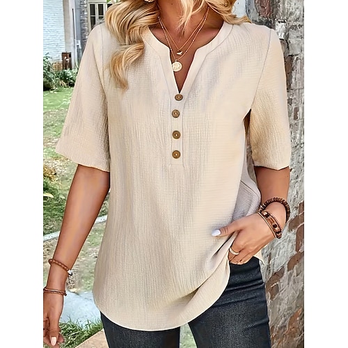 

Women's Shirt Blouse Cotton Blend Solid Color Button Daily Basic Short Sleeve Notched Neck Beige Summer