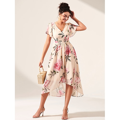 

Women's Chiffon Floral Ruffle V Neck Midi Dress Elegant Stylish Daily Vacation Summer