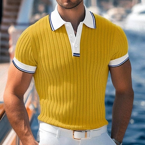

Men's Golf Shirt Knit Polo Work Casual Lapel Ribbed Polo Collar Short Sleeve Basic Modern Color Block Patchwork Button Spring & Summer Regular Fit White Yellow Blue Green Gray Golf Shirt