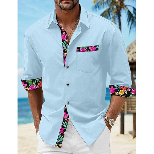 

Men's Shirt Linen Shirt Summer Shirt Beach Wear Button Up Shirt Black White Pink Long Sleeve Floral Lapel Spring & Fall Casual Daily Clothing Apparel Splice