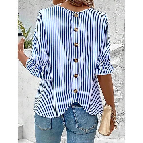 

Mujer Blusa A Rayas Volante Botón Trabajo Elegante Bohemia Media Manga Cuello Barco Azul Piscina Verano