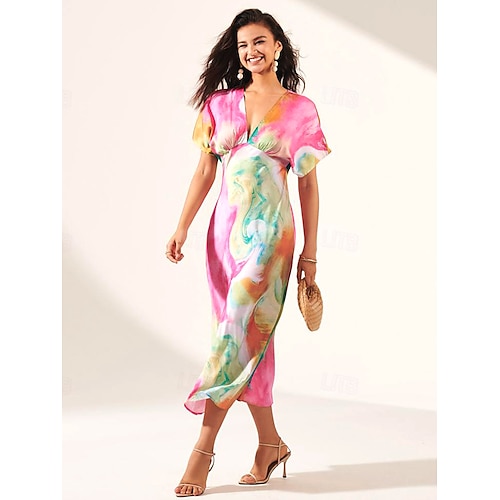 

Women's Ombre Print V Neck Midi Dress Elegant Date Short Sleeve Summer