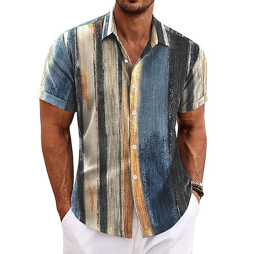 

Men's 18.6% Linen 63.2% Polyester 18.2% Cellulose Fiber Shirt Striped Tribal Short Sleeve Turndown Blue Shirt Formal Party Outdoor