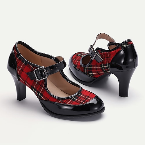 

Women's Red Plaid Mary Jane Heels - Stylish Retro Shoes with Buckle Strap for Casual and Party Wear