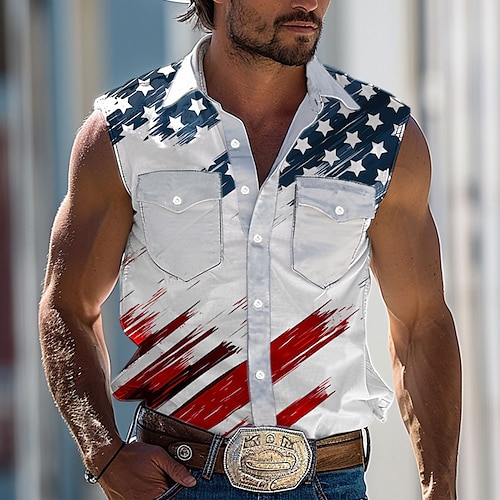 

American / USA National Flag western style Men's Shirt Party Outdoor Work Summer Spring Shirt Collar Sleeveless White S, M, L Polyester Shirt