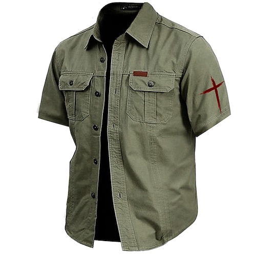

Cross Casual Men's Work Shirt Cargo Shirt Sports & Outdoor Camping & Hiking Going out Summer Spring Fold-over Collar Short Sleeve Army Green, Khaki, Dark Blue S, M, L 100% Cotton Shirt