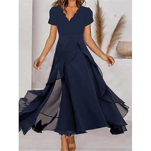 

Women's Chiffon Dress Maxi Dress Ruffle Layered Wedding Guest Cocktail Party Elegant Formal V Neck Short Sleeve Navy Blue Color